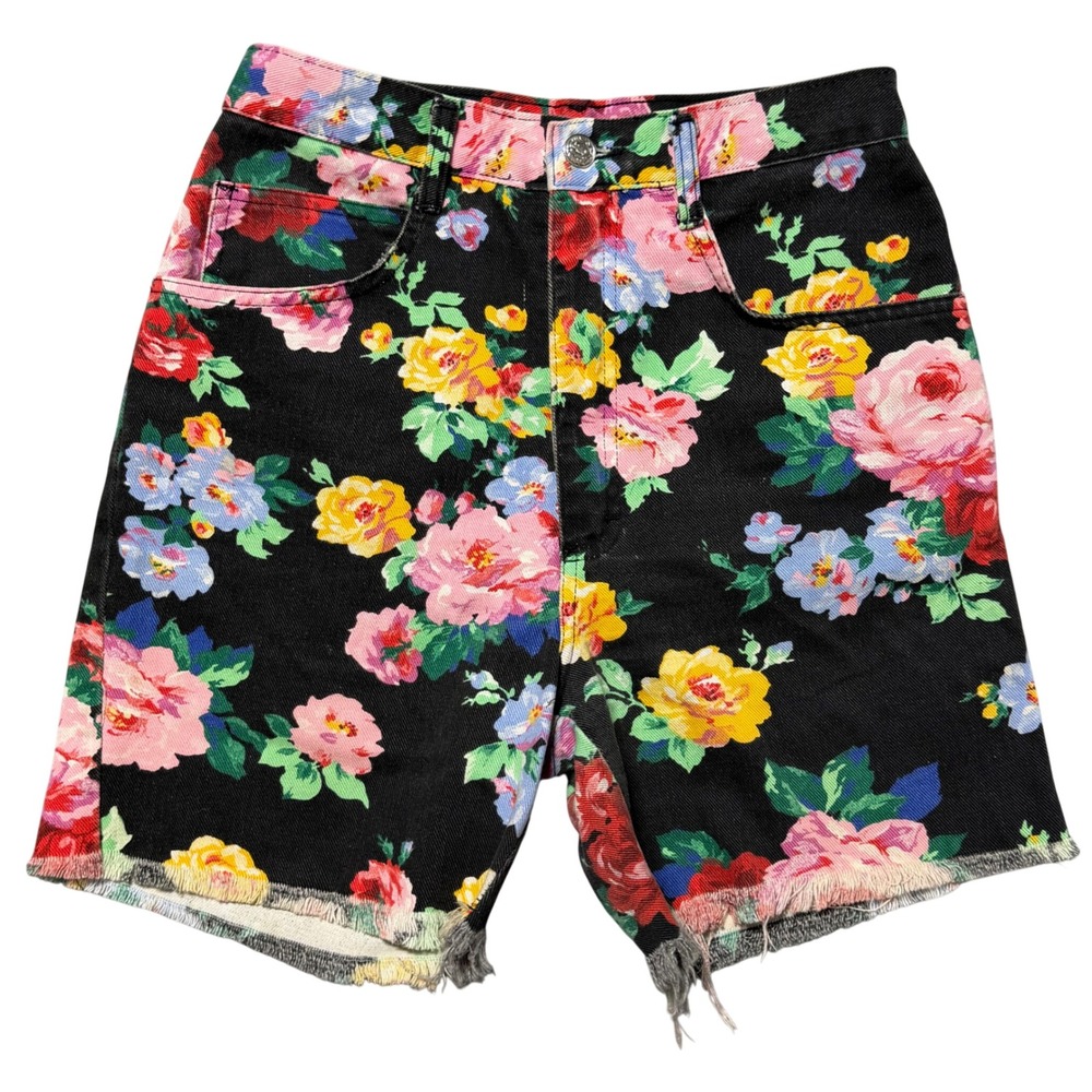 Kayo of California Vintage Floral Denim Shorts High Waisted Black Cotton Size 7